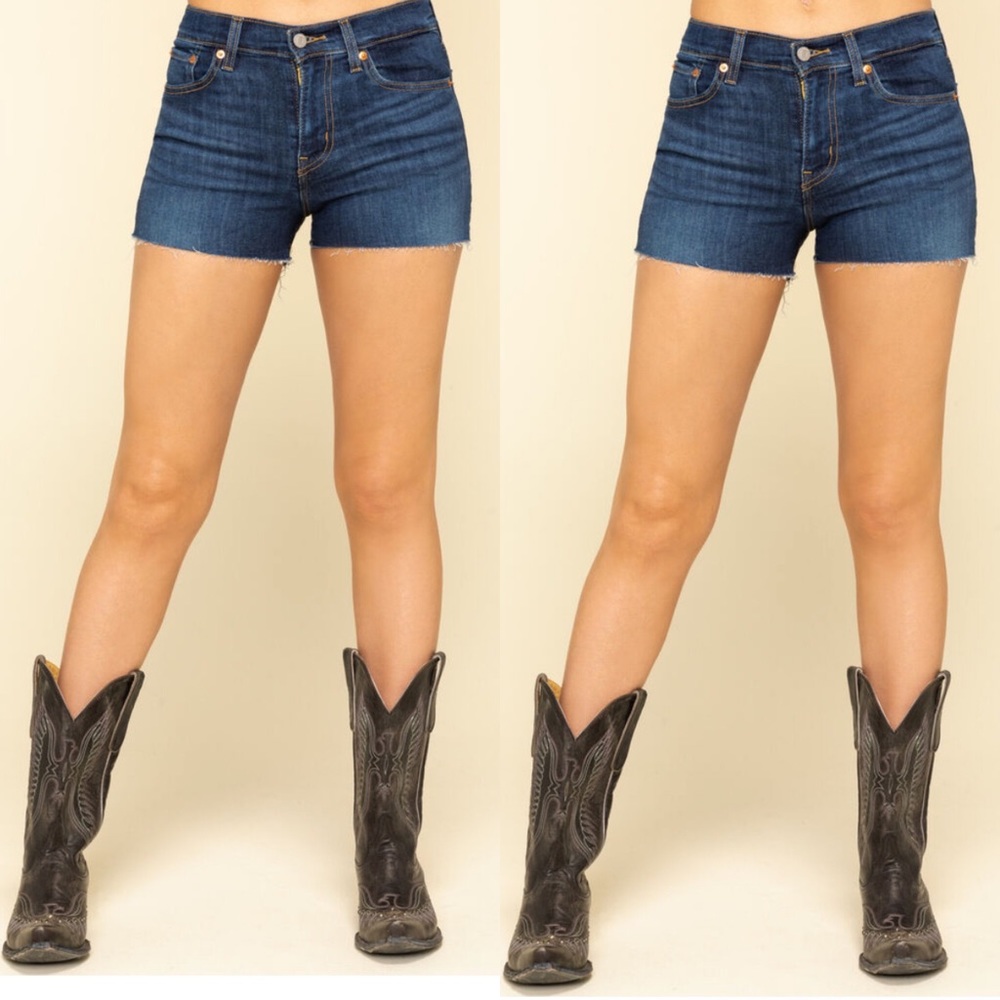 Levis Women’s High Rise Dark Wash Raw Hem Shorts